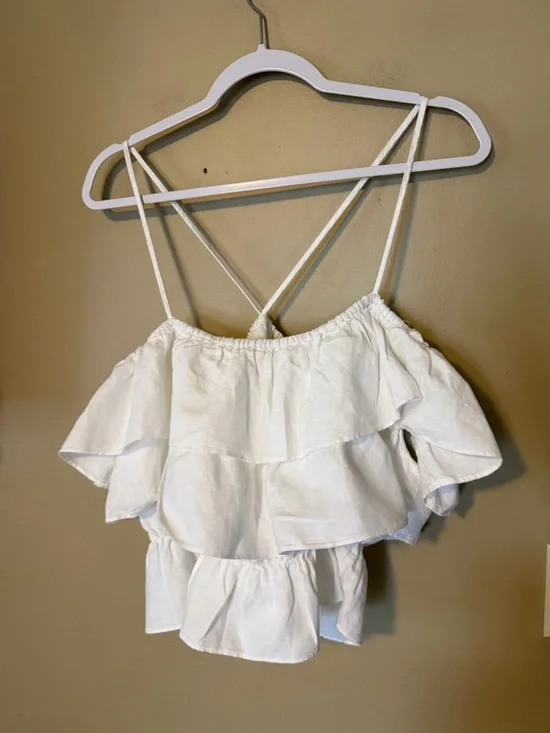 Zara Linen White Tiered Ruffle Spaghetti Strap Top - Picture 4 of 6